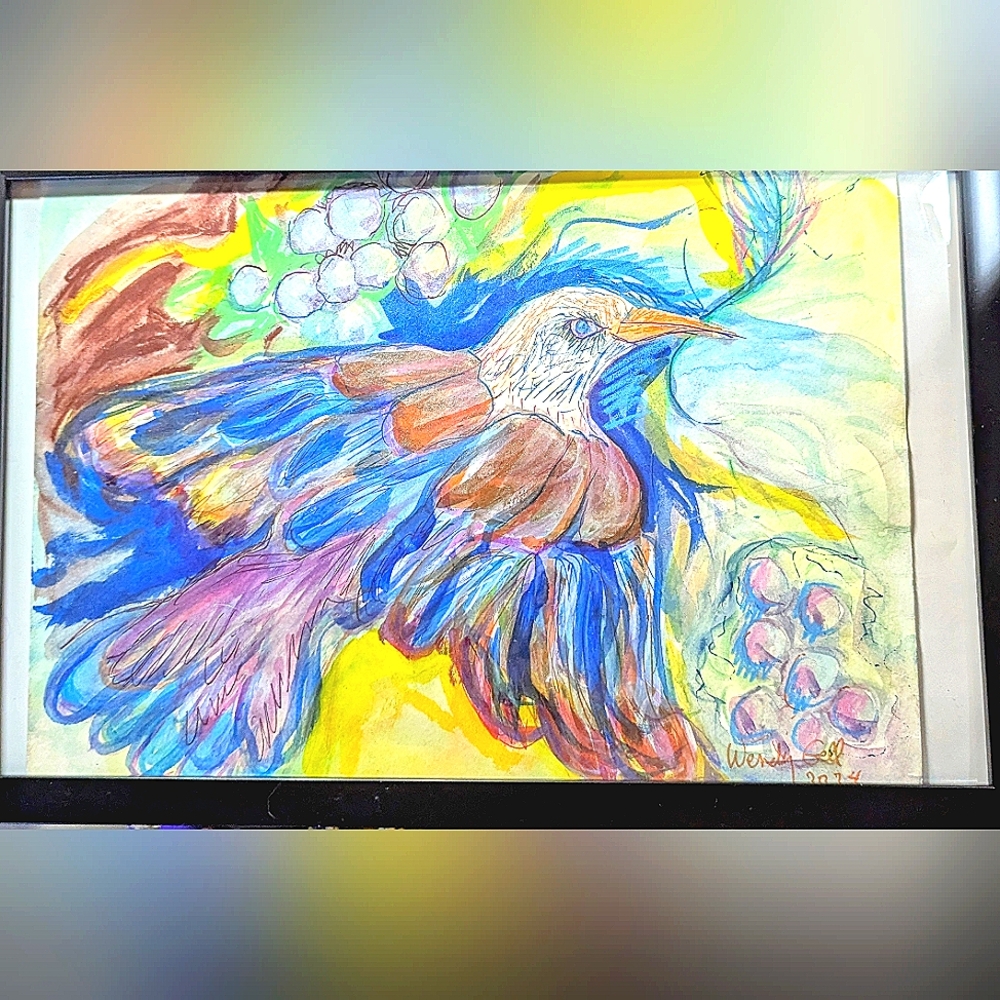 Wendy Gell Art Painting Magical Bird In A Grapevine.